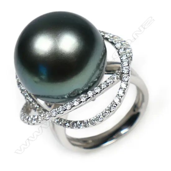 A contemporary 18ct white gold diamond and Tahitian pearl ring,