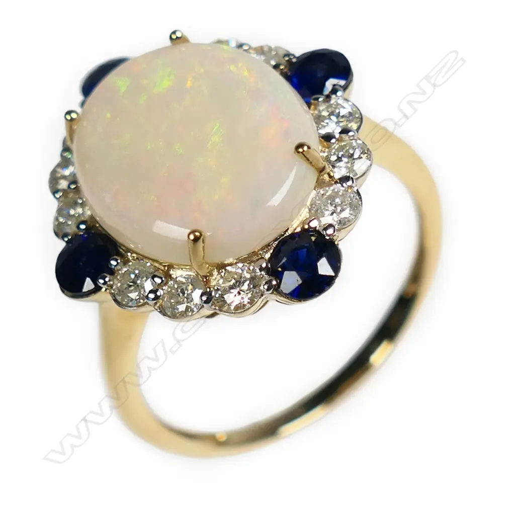 A 14ct gold opal sapphire and diamond statement ring, Image 1++