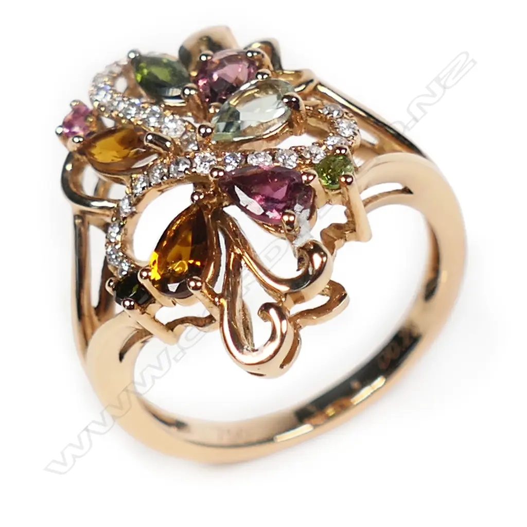 An 18ct rose gold and multi tourmaline and diamond designer ring, Image 1++