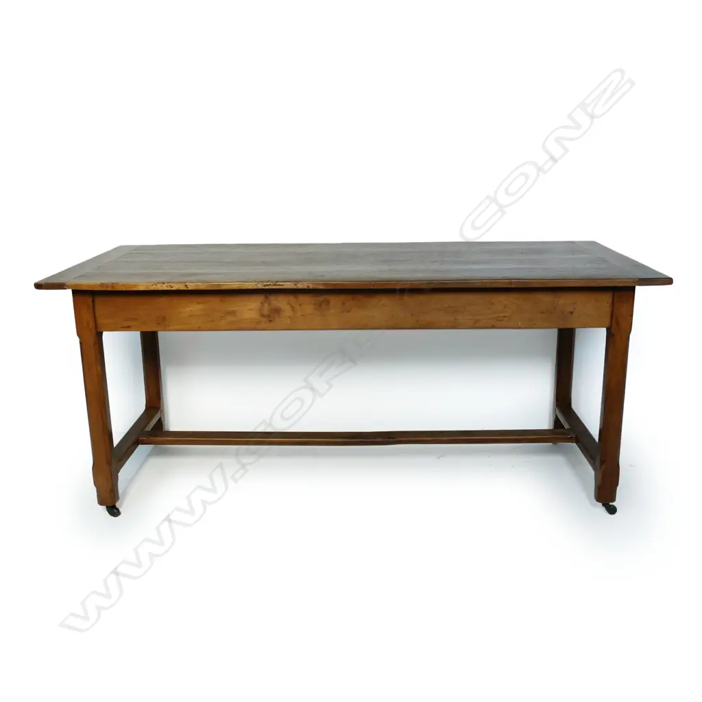 A vintage French fruitwood refectory dining table, Image 1++