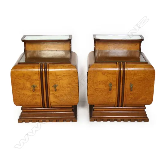 A pair of pale exotic timber Art Deco bedside cabinets,