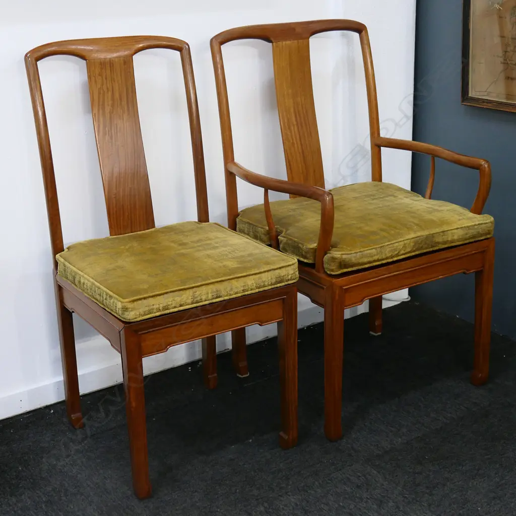 A vintage Chinese rosewood long dining table and eight chairs, Image 1++