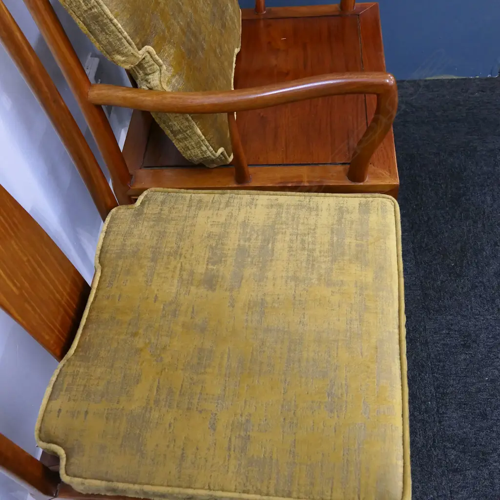 A vintage Chinese rosewood long dining table and eight chairs, Image 1++
