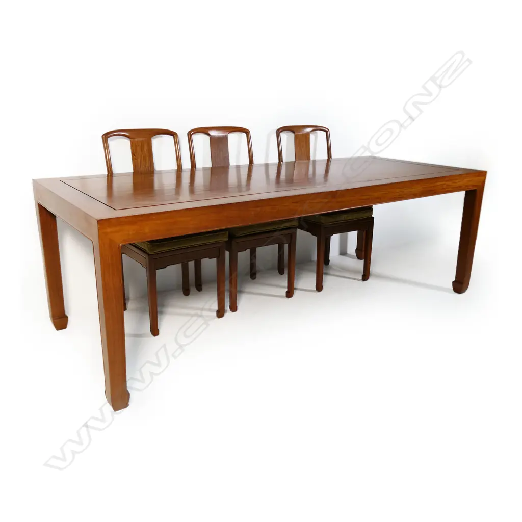 A vintage Chinese rosewood long dining table and eight chairs, Image 1++
