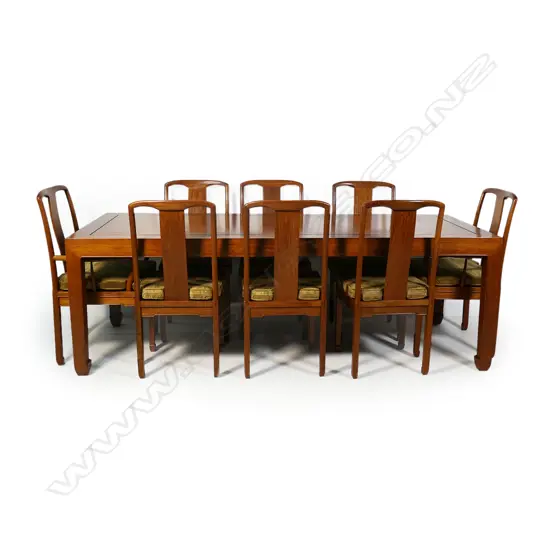 A vintage Chinese rosewood long dining table and eight chairs,