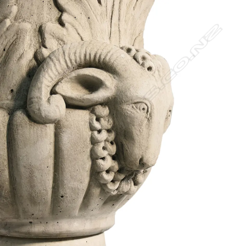 A pair of large and impressive classical cast concrete ram's heads garden urns, Image 1++