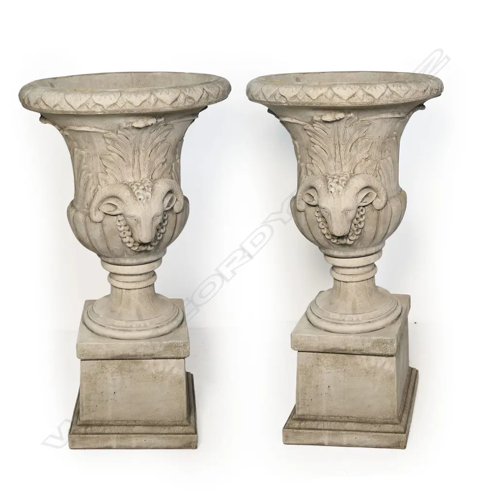 A pair of large and impressive classical cast concrete ram's heads garden urns, Image 1++