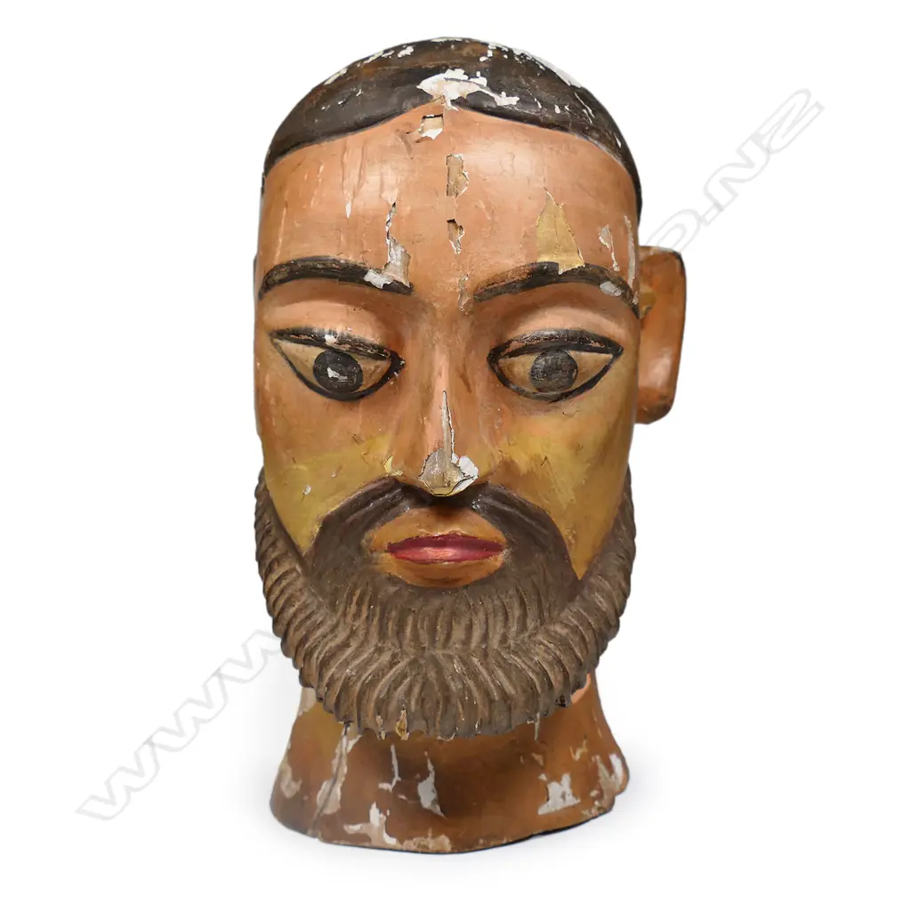 A vintage folk art painted wood and gesso head, Image 1++