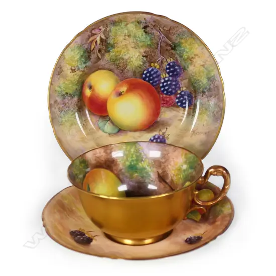 Royal Worcester fruit painted tea cup saucer and plate by Leighton Maybury,