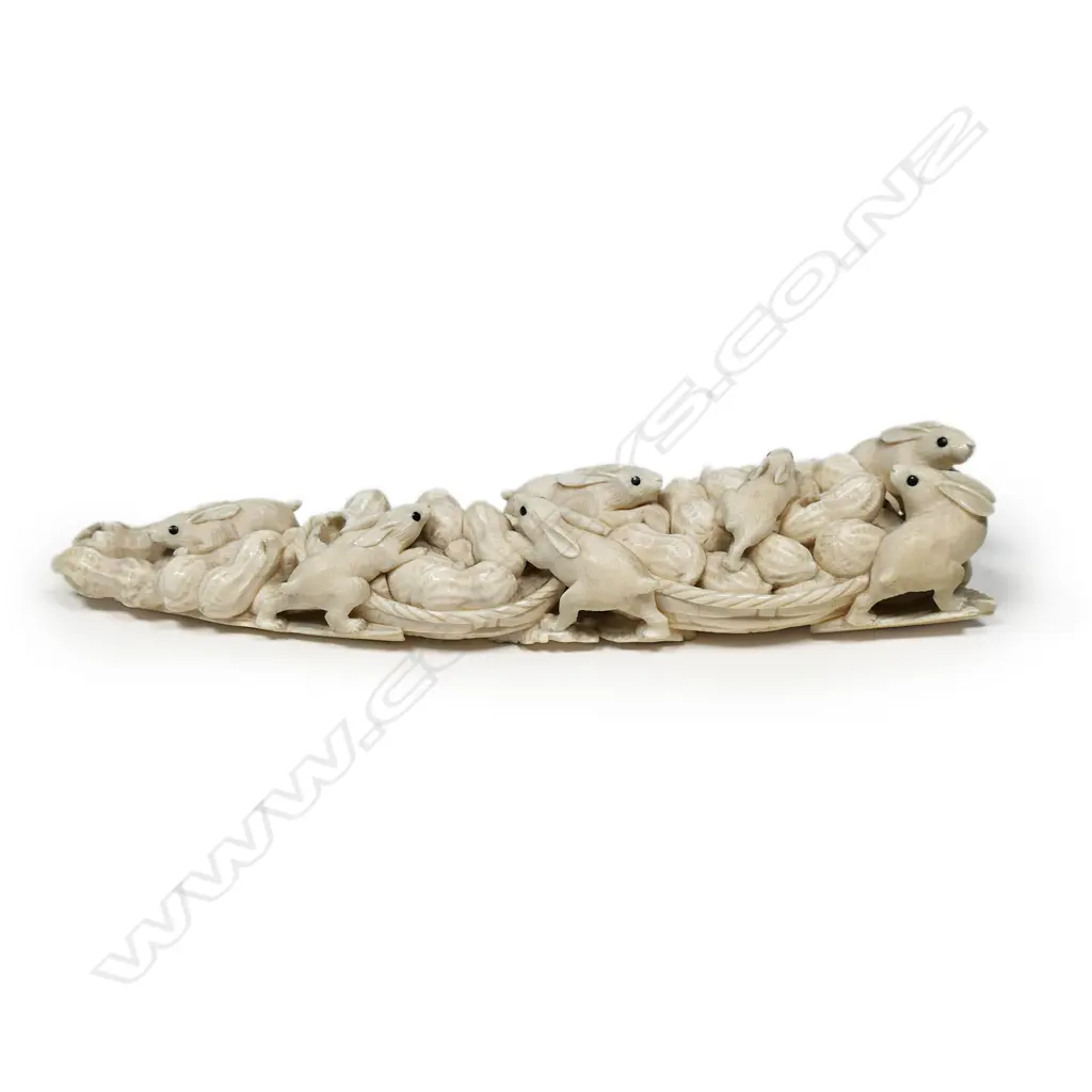 A characterful early mid 20thC Japanese carved ivory okimono of rabbits amongst peanuts, Image 1++