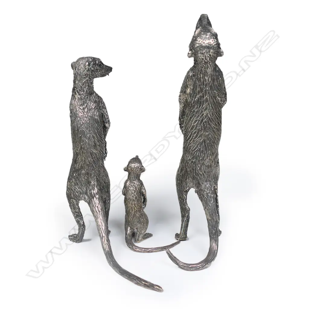 Three Patrick Mavros (Zimbabwe 1954-) silver meerkat family, Image 1++