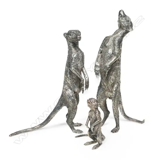 Three Patrick Mavros (Zimbabwe 1954-) silver meerkat family,
