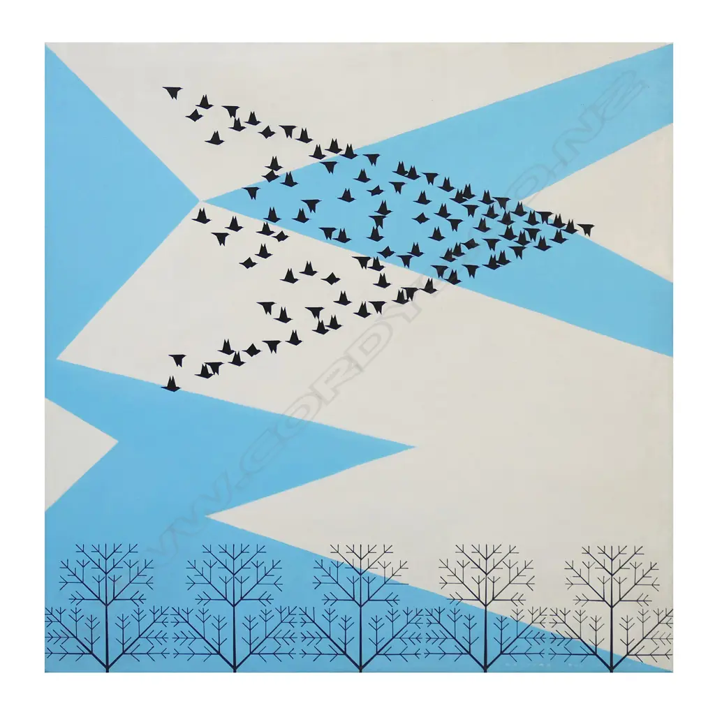 Geoffrey F. Fuller (NZ 1925-2011) 'Starlings over Tree Tops', Image 1++