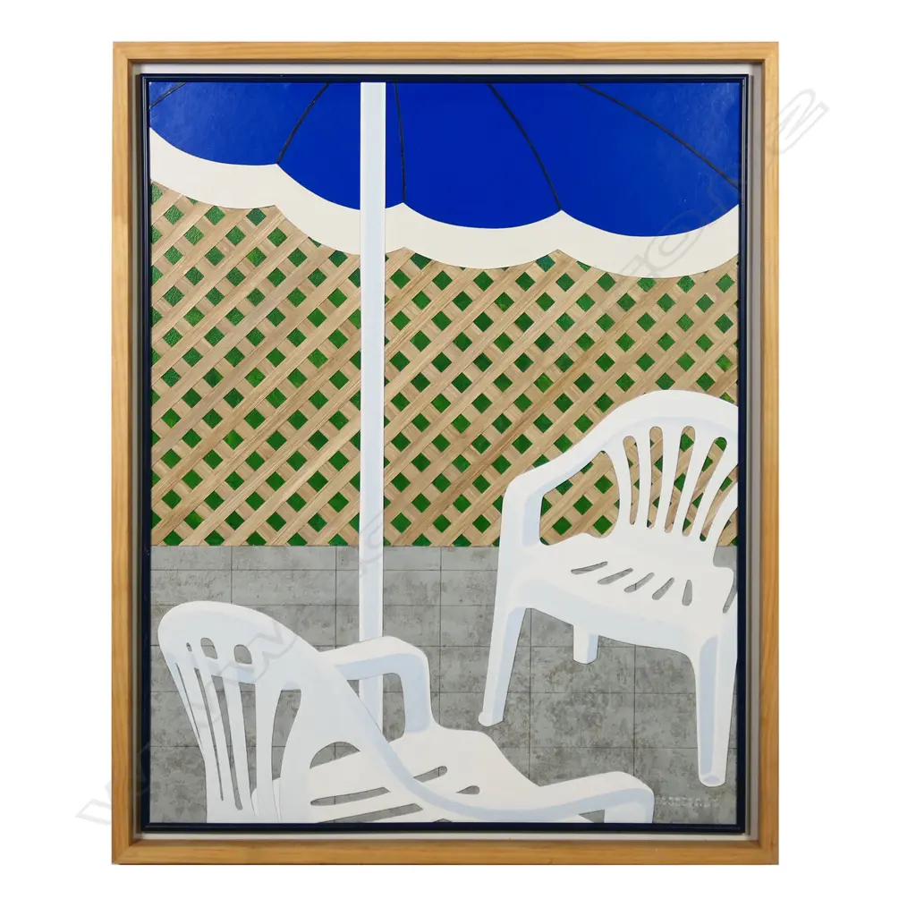 Geoffrey F. Fulller (NZ 1925-2011) 'Trellis with Umbrella and Chairs', Image 1++