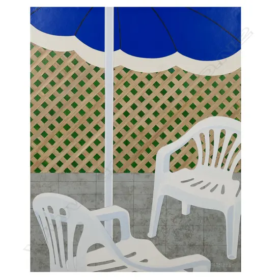 Geoffrey F. Fulller (NZ 1925-2011) 'Trellis with Umbrella and Chairs',