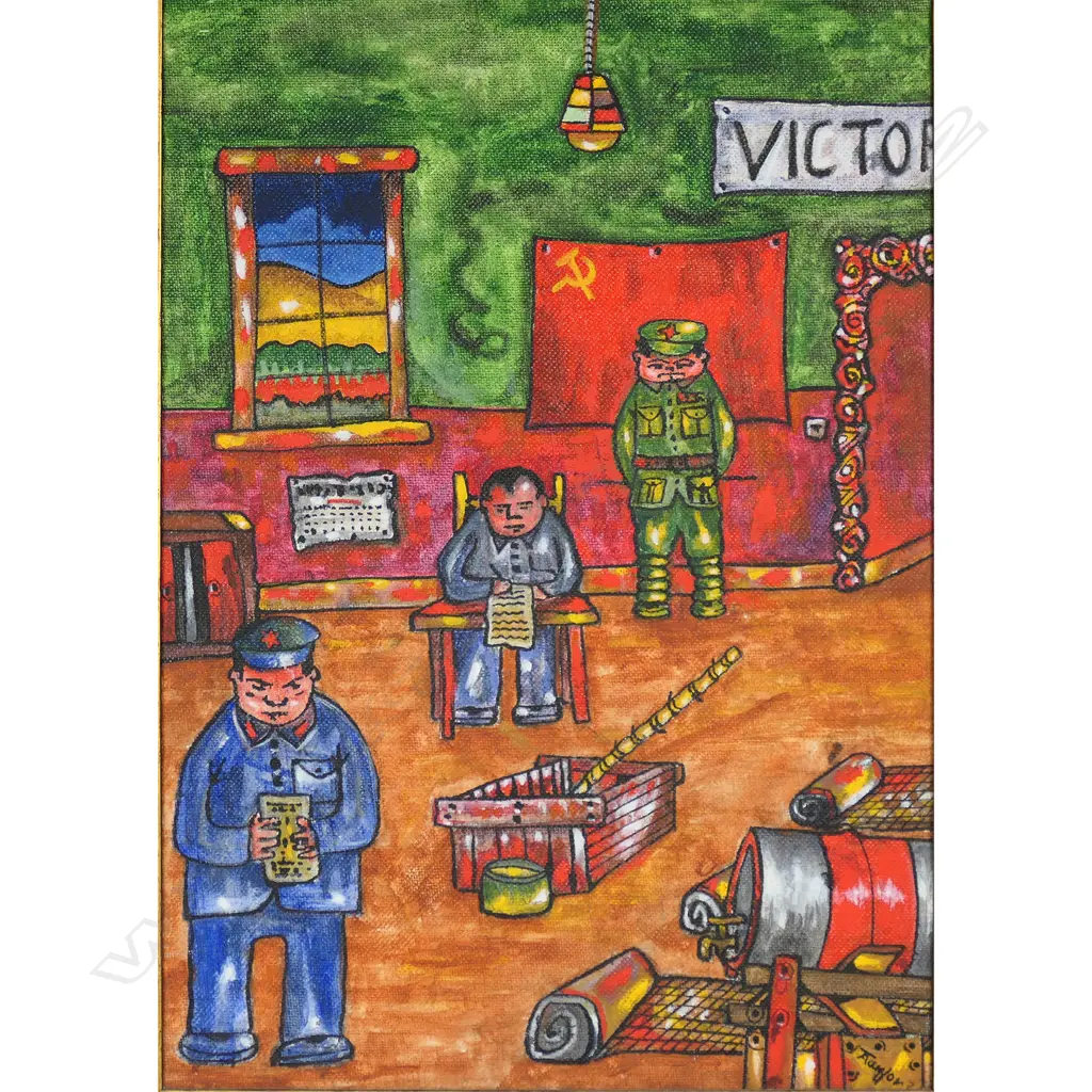 Alan Taylor (NZ 1933-2016) Chinese Prisoner of War camp (interior of barracks), Image 1++