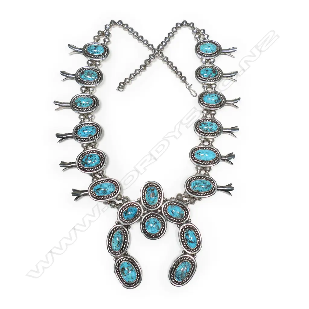 An impressive silver and turquoise Navajo style squash blossom necklace, Image 1++