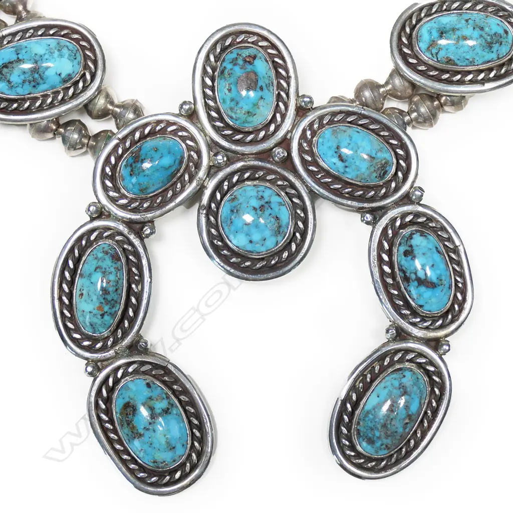 An impressive silver and turquoise Navajo style squash blossom necklace, Image 1++
