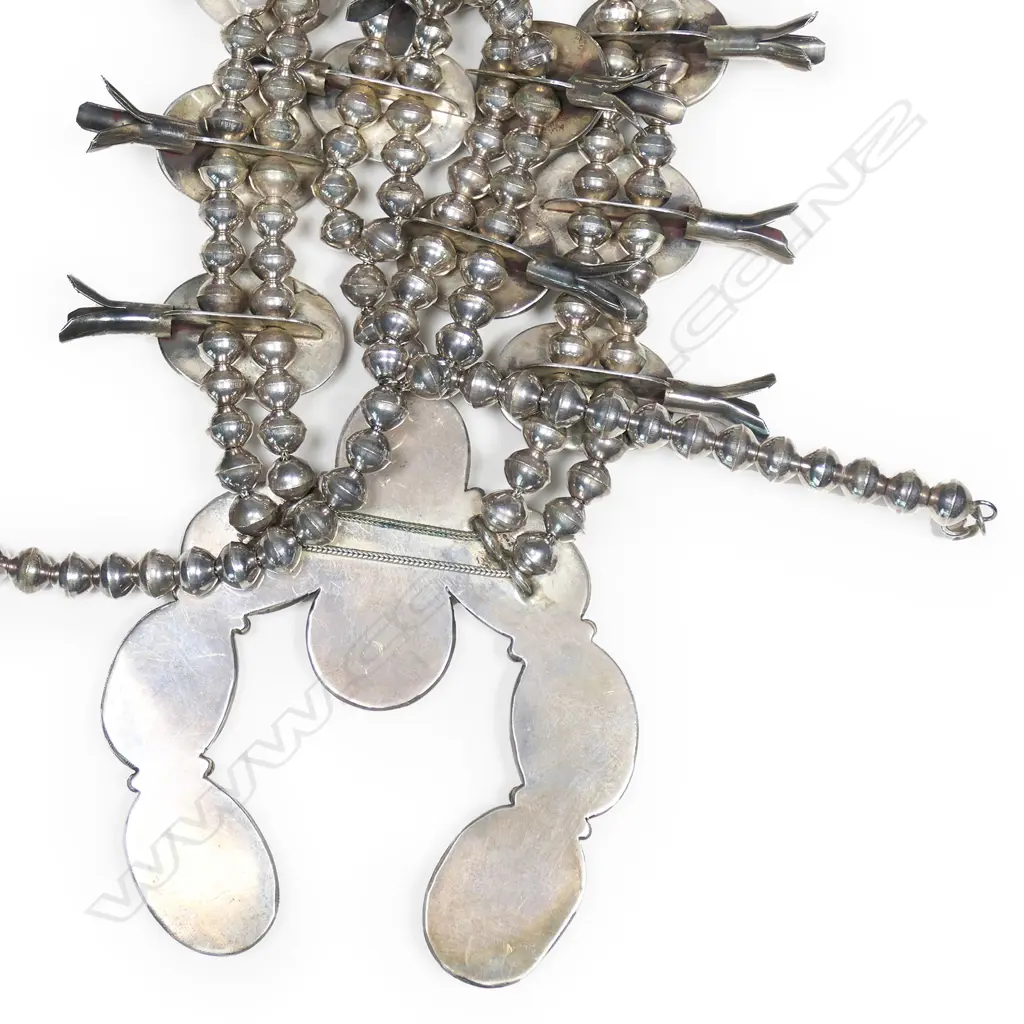 An impressive silver and turquoise Navajo style squash blossom necklace, Image 1++