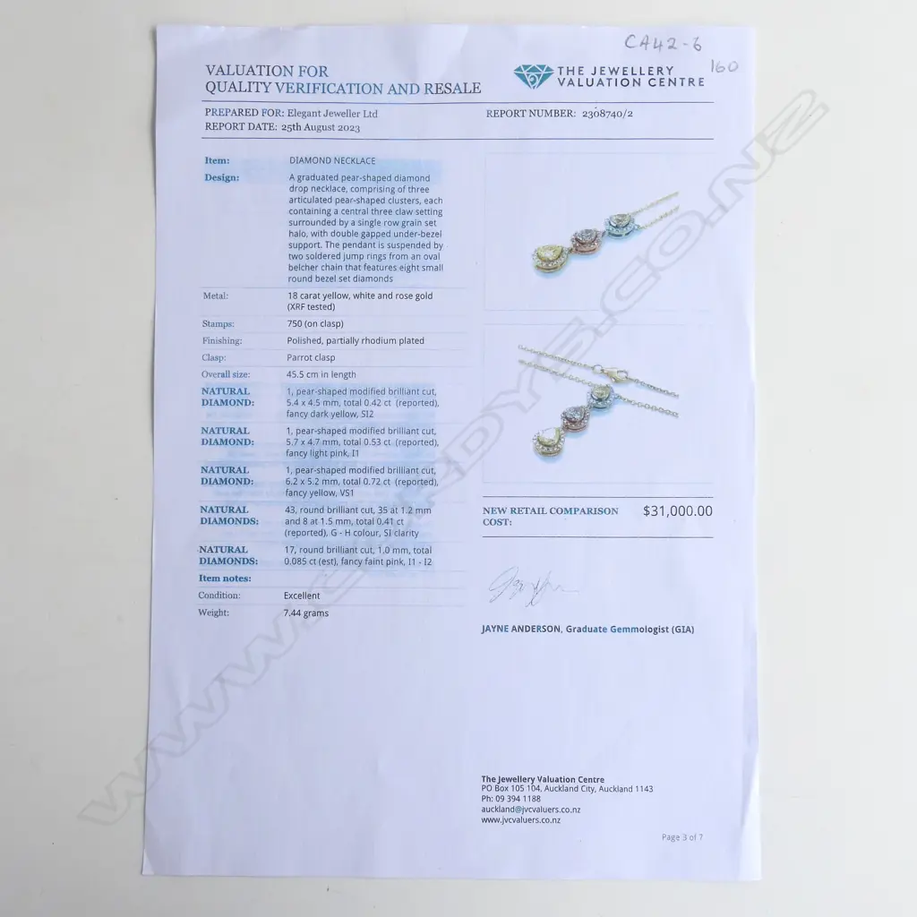 An 18ct white rose and yellow gold graduated pear shaped diamond drop necklace, Image 1++