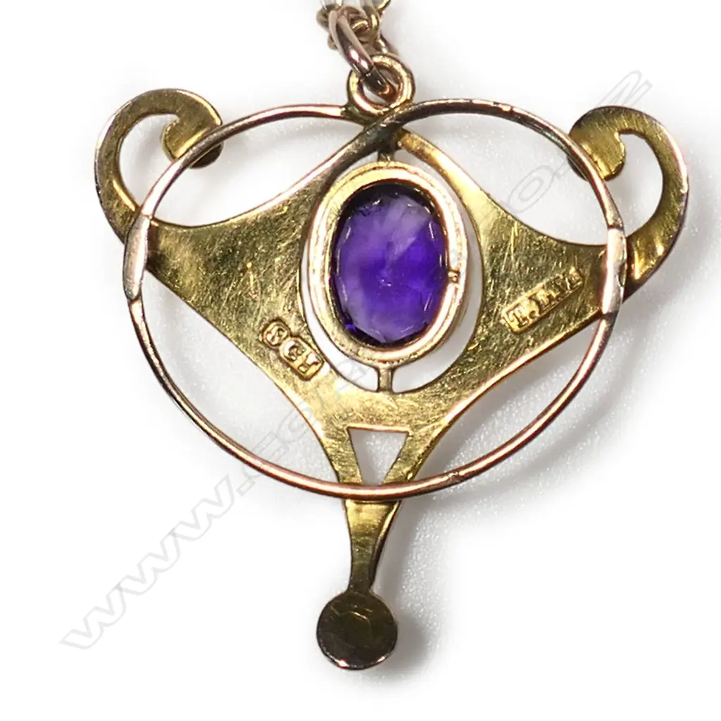 Thomas Lyster Mott Art Nouveau 9ct rose gold pendant on chain, Image 1++