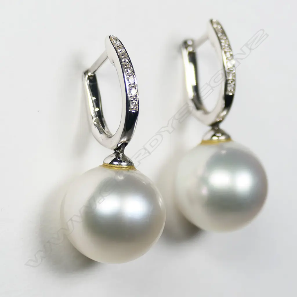 A pair of 18ct white gold diamond and pearl earrings, Image 1++