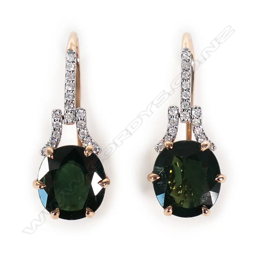 A pair of 14ct rose gold green sapphire and diamond drop earrings, Image 1++