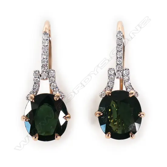 A pair of 14ct rose gold green sapphire and diamond drop earrings,