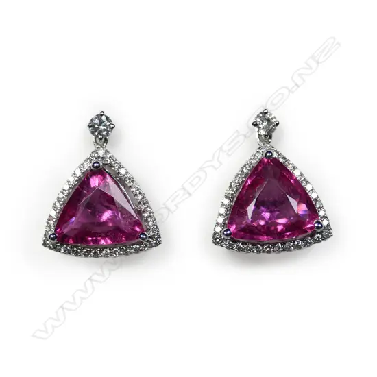 A pair of 18ct white gold diamond and pink tourmaline earrings,