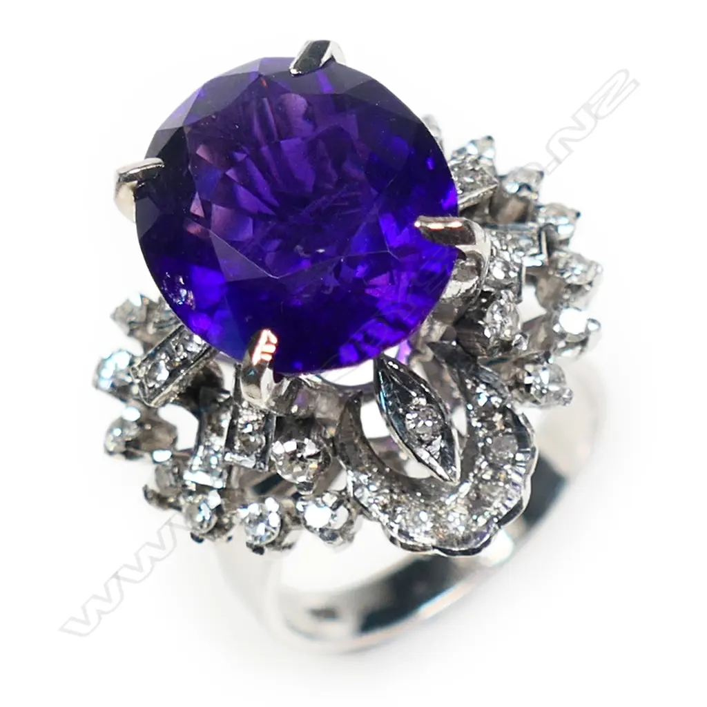 An 18ct white gold diamond and amethyst designer princess ring, Image 1++