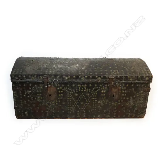 A Georgian decorative wood and leather domed trunk,