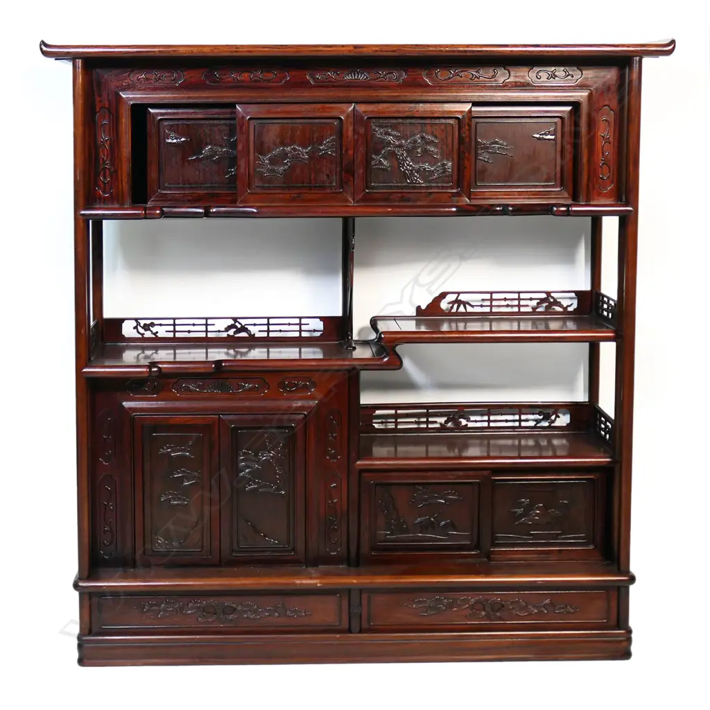A quality early 20thC signed oriental red sandalwood tea ceremony cabinet (Cha Tansu) Image 1++