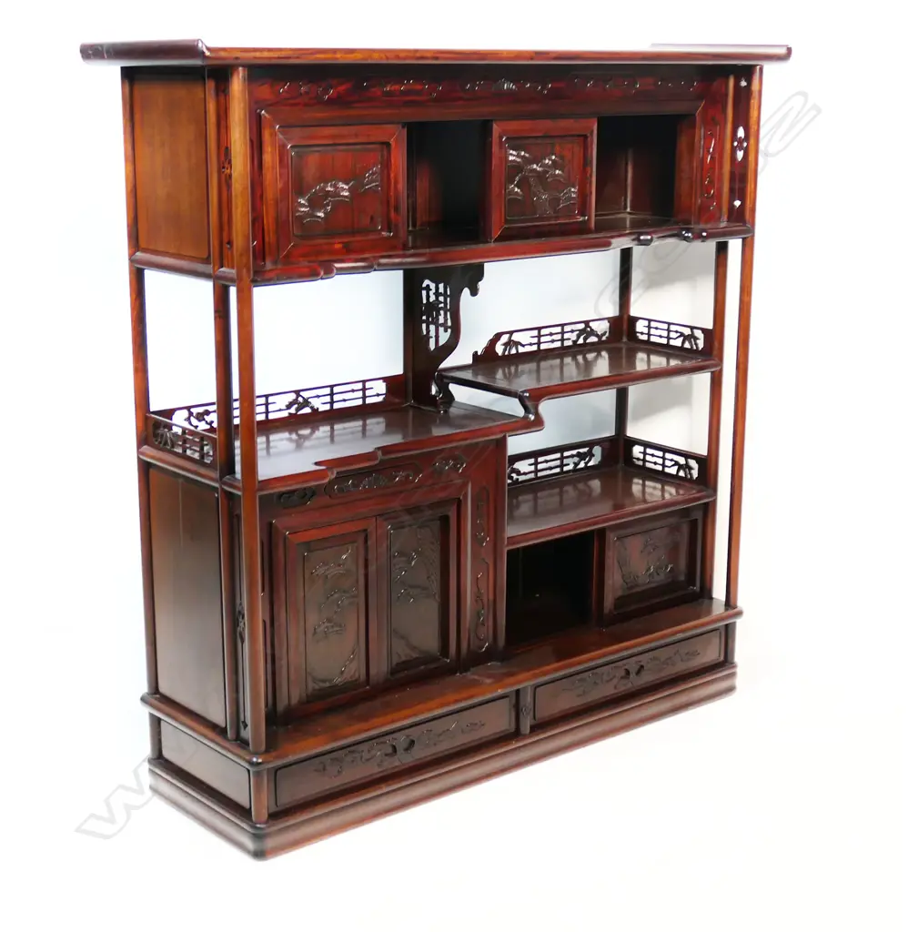 A quality early 20thC signed oriental red sandalwood tea ceremony cabinet (Cha Tansu) Image 1++