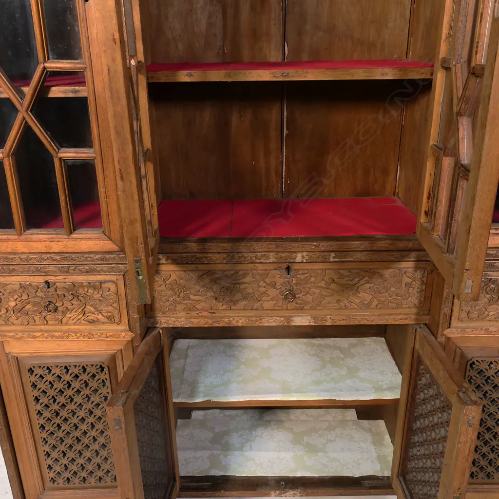 A 19thC Chinese hardwood breakfront two section display sideboard, Image 1++