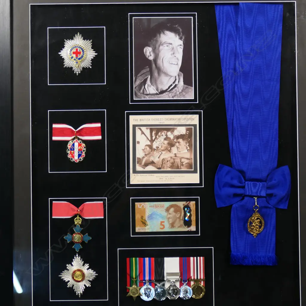 A framed facsimile set of medals and ephemera relating to Sir Edmund Hillary, Image 1++