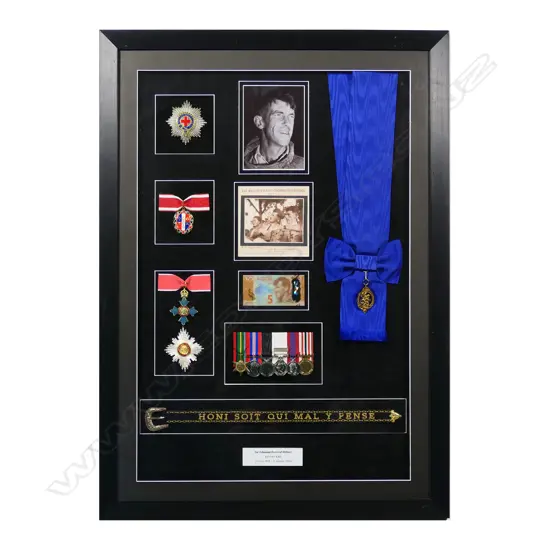 A framed facsimile set of medals and ephemera relating to Sir Edmund Hillary,