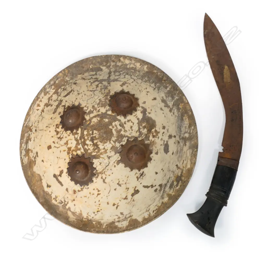 An antique North Indian animal hide buckler (small shield) with small kukri, Image 1++