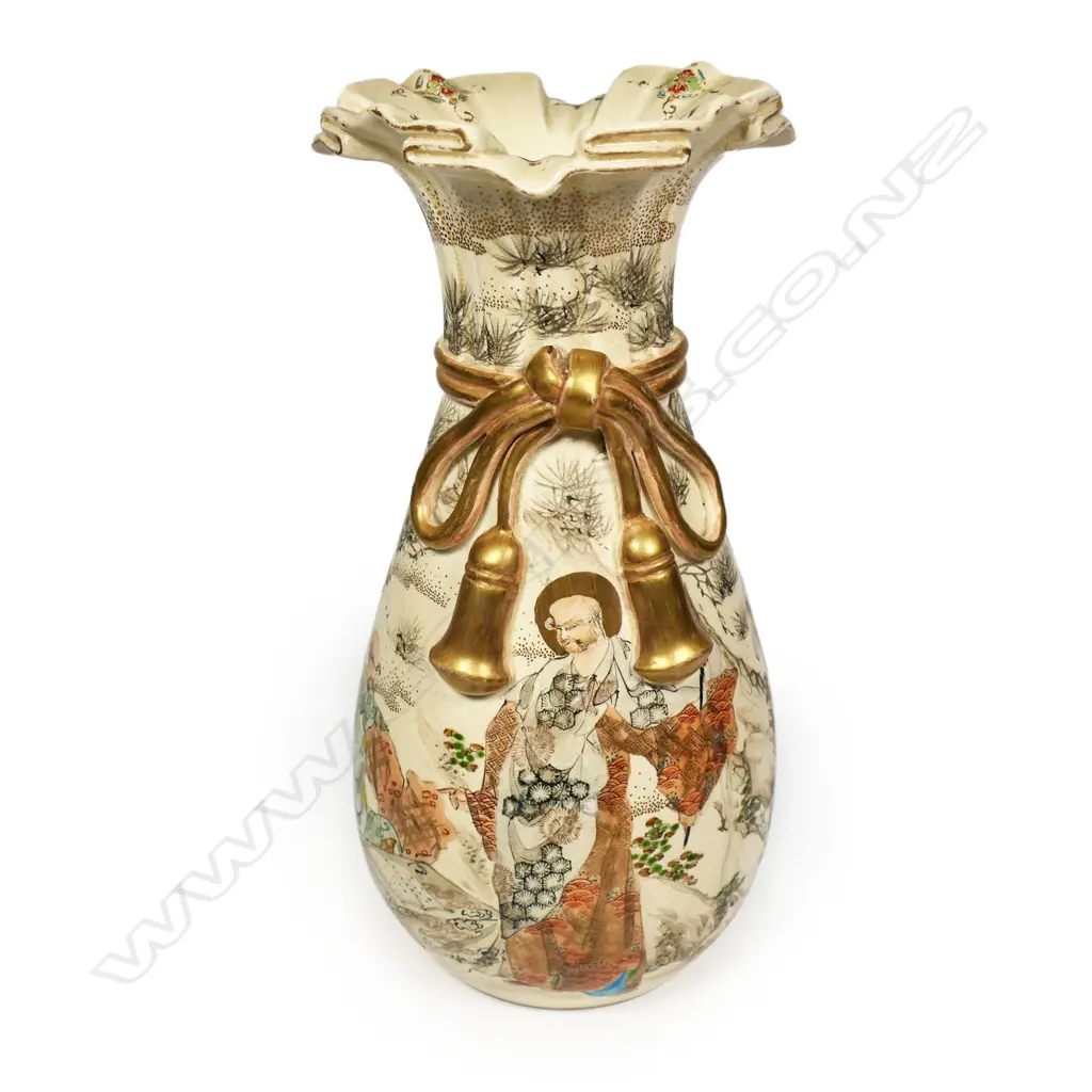 An uncommon Meiji period Kyoto Satsuma vase in the form of a tied sack c.1880, Image 1++