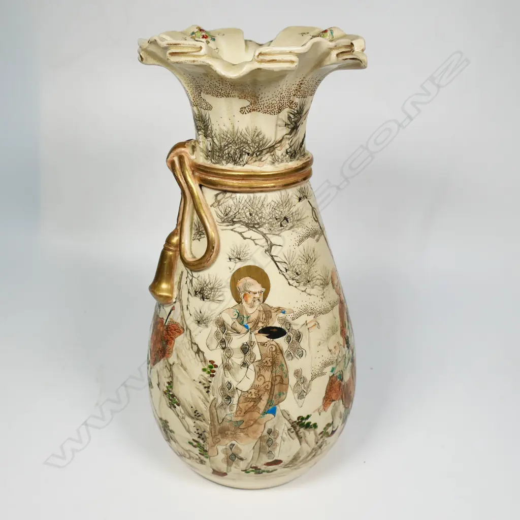 An uncommon Meiji period Kyoto Satsuma vase in the form of a tied sack c.1880, Image 1++