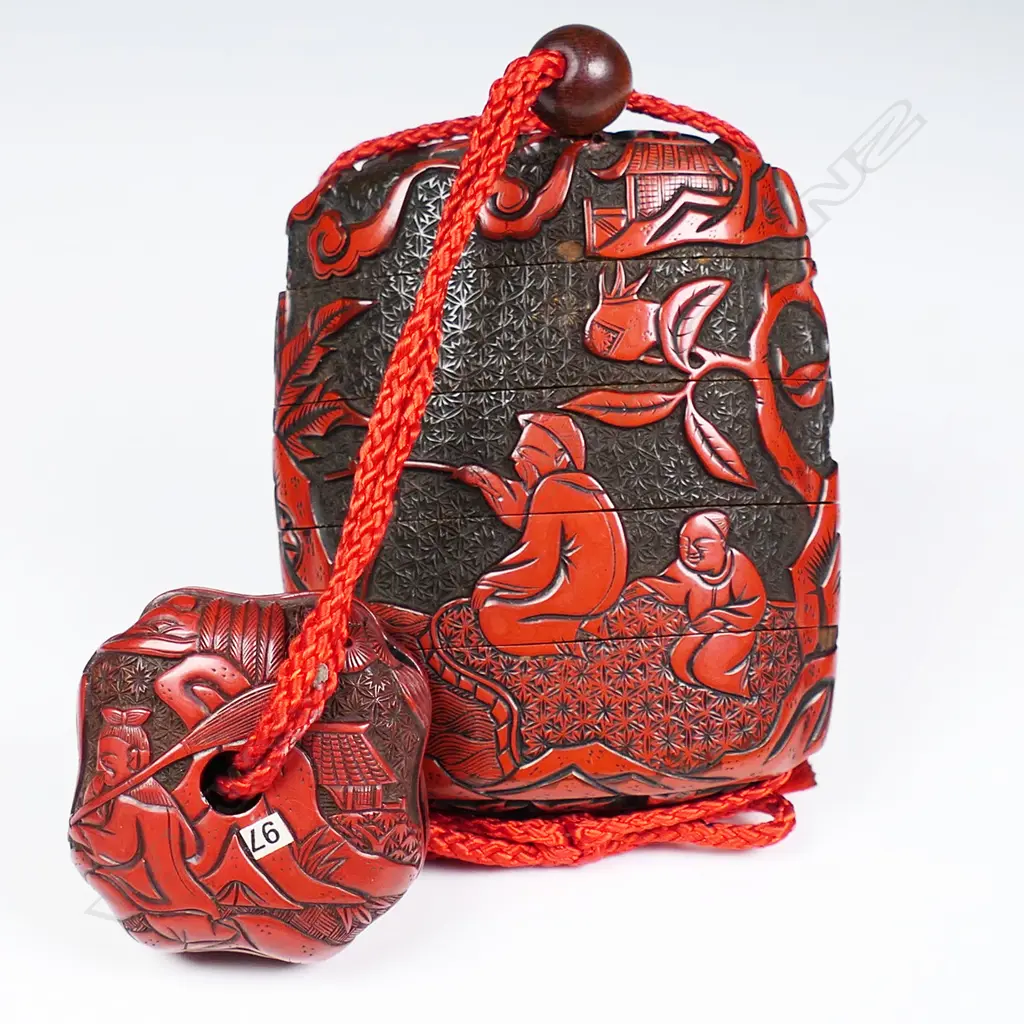 A fine quality carved Edo period red & black lacquer four section Inro c.1840, Image 1++