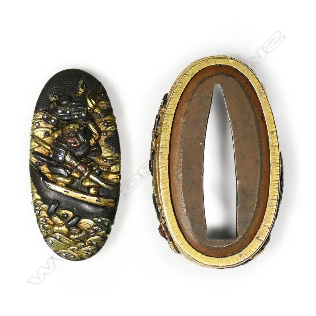 A boxed fuchi and kashira Soten school sword furniture set, Image 1++