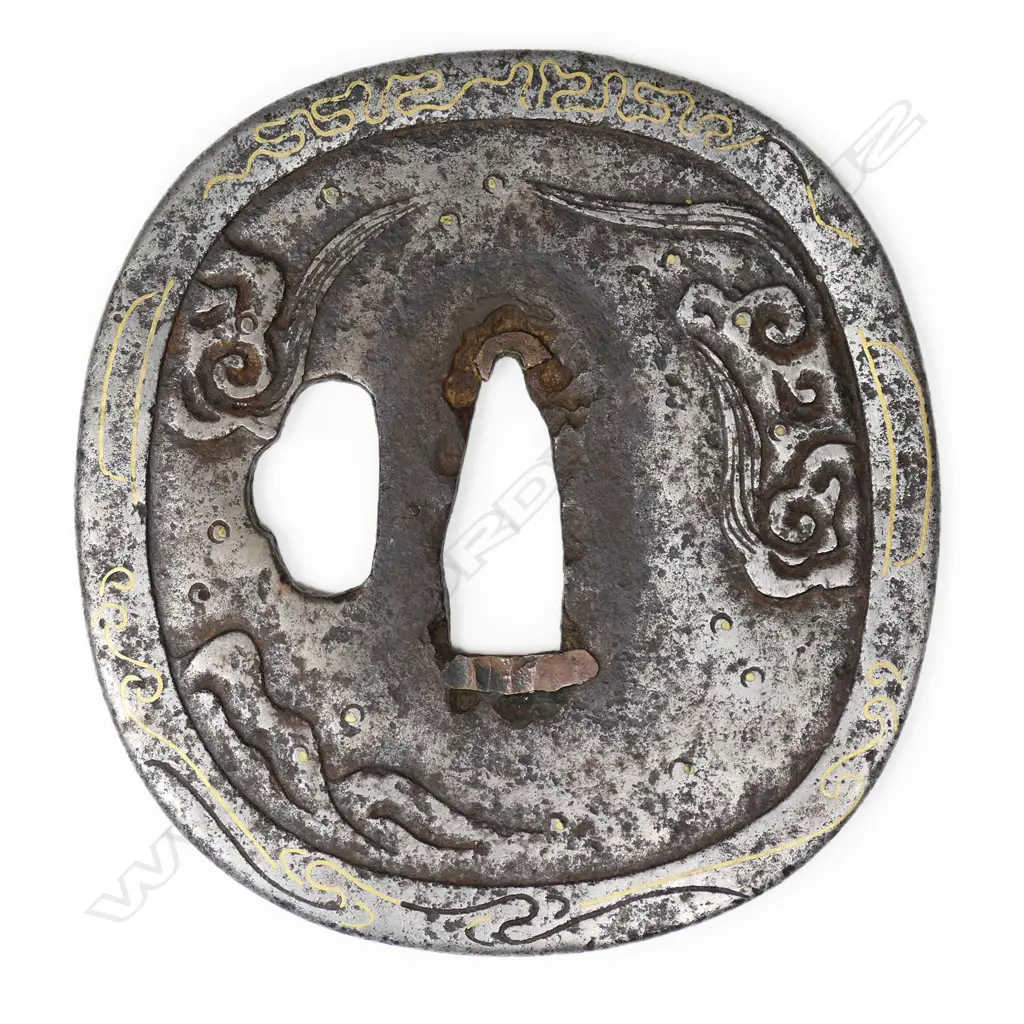 An iron Muromachi period oval tsuba with waves and zogan decoration c.1590, Image 1++