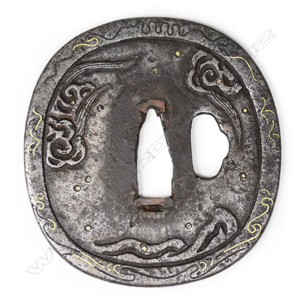 An iron Muromachi period oval tsuba with waves and zogan decoration c.1590, Image 1++