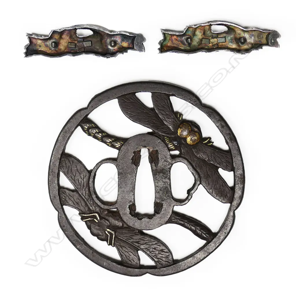 A large 18thC Edo period Sukashi iron tsuba and two good modern silver dragonfly menuki, Image 1++