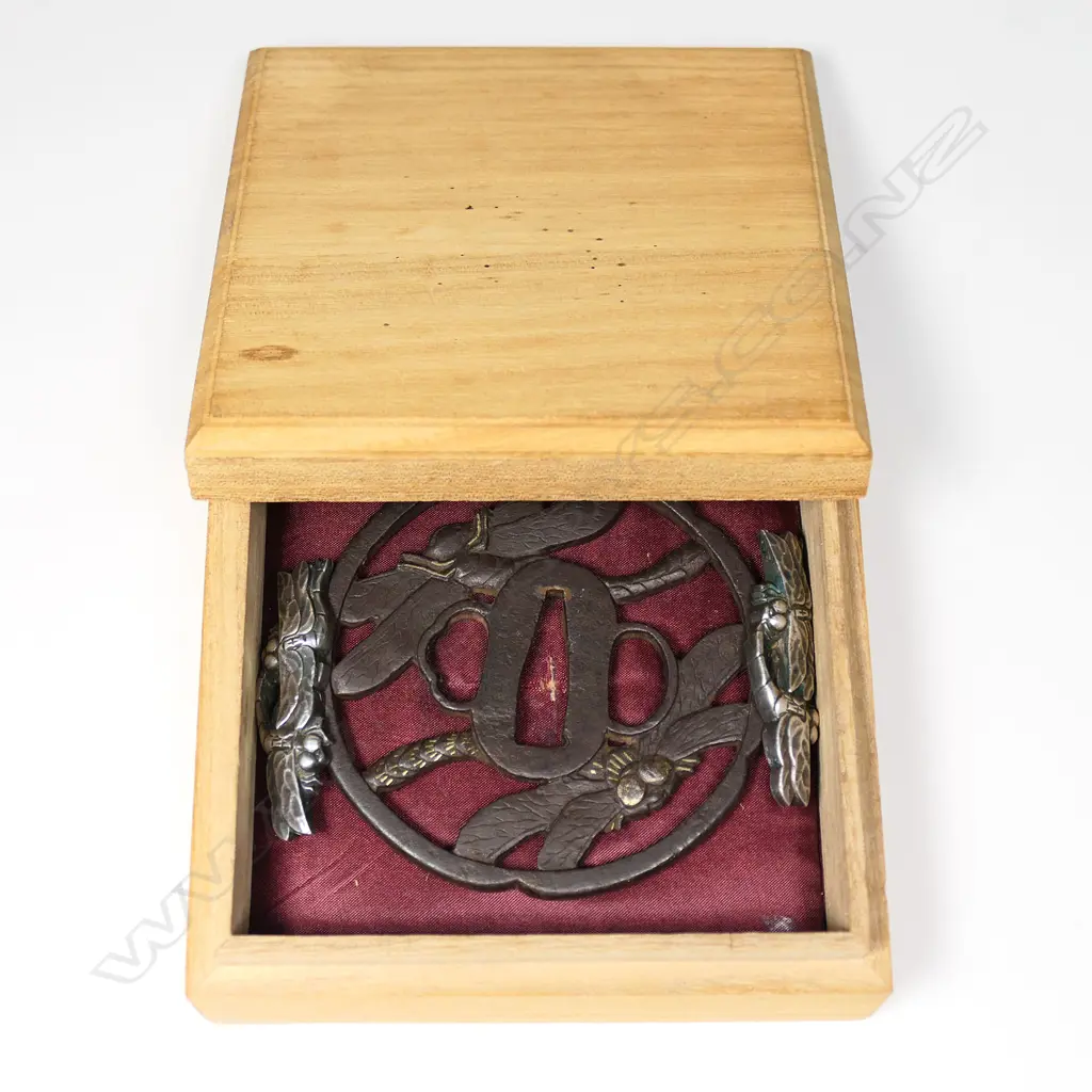 A large 18thC Edo period Sukashi iron tsuba and two good modern silver dragonfly menuki, Image 1++