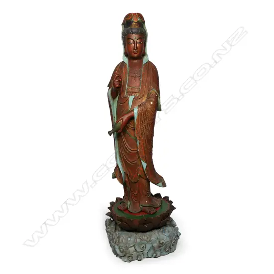 A vintage carved wood Guan Yin H.1500mm