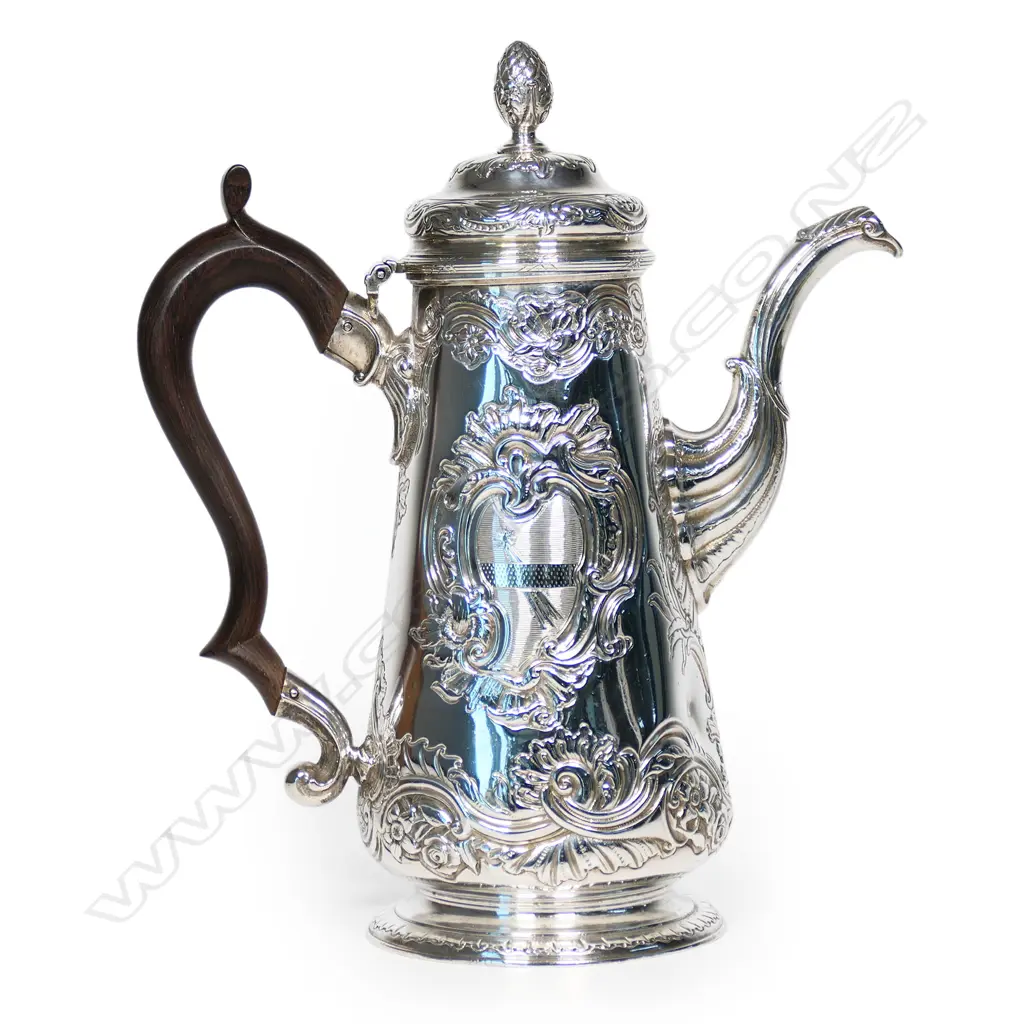 A rare and exceptional George II silver coffee pot by the reknowned maker Christian Hillan, Image 1++