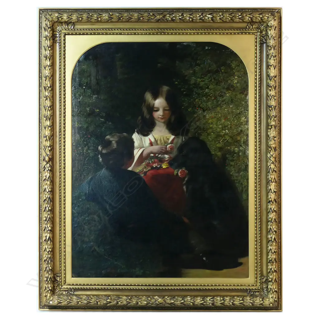 19thC British School, possibly after George Baxter (1804-1867), 'Children with a Retriever in a Woodland', Image 1++