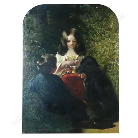 19thC British School, possibly after George Baxter (1804-1867), 'Children with a Retriever in a Woodland',