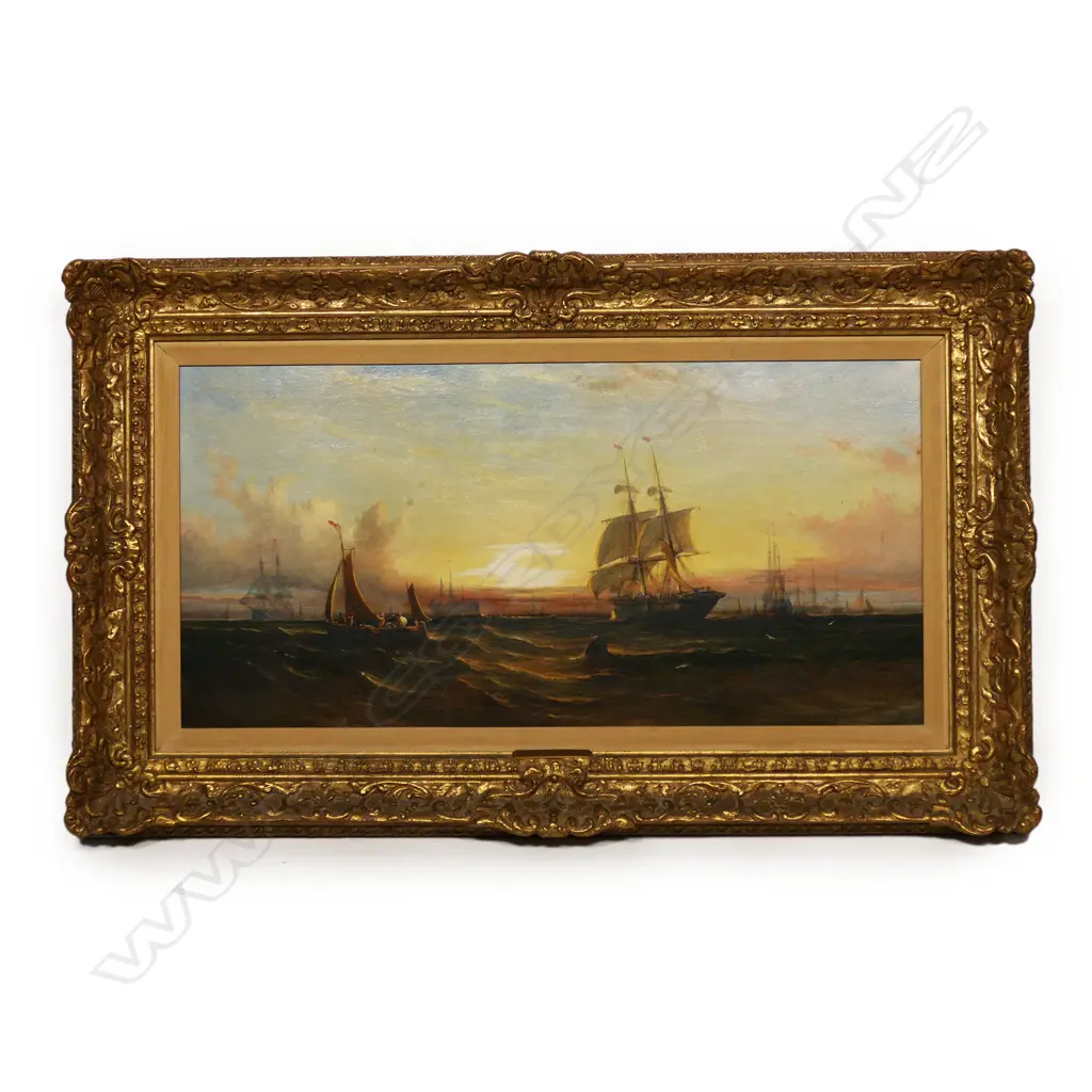 William Callcott Knell (UK 1830-1880) 'Sunset, line of Battleships at Anchor off Portsmouth', Image 1++